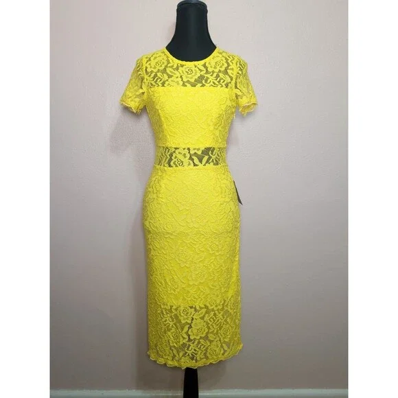 Nordstrom Yellow Floral Lace Midi Dress Short Sleeve Occasion Size XSmall - Picture 2 of 13
